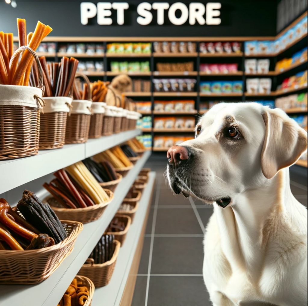 Dog shopping at a pet store